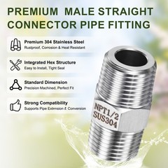 4-Pack 304 Stainless Steel 1/2″ NPT Male x 1/2″ NPT Male Hex Nipple Pipe Fitting