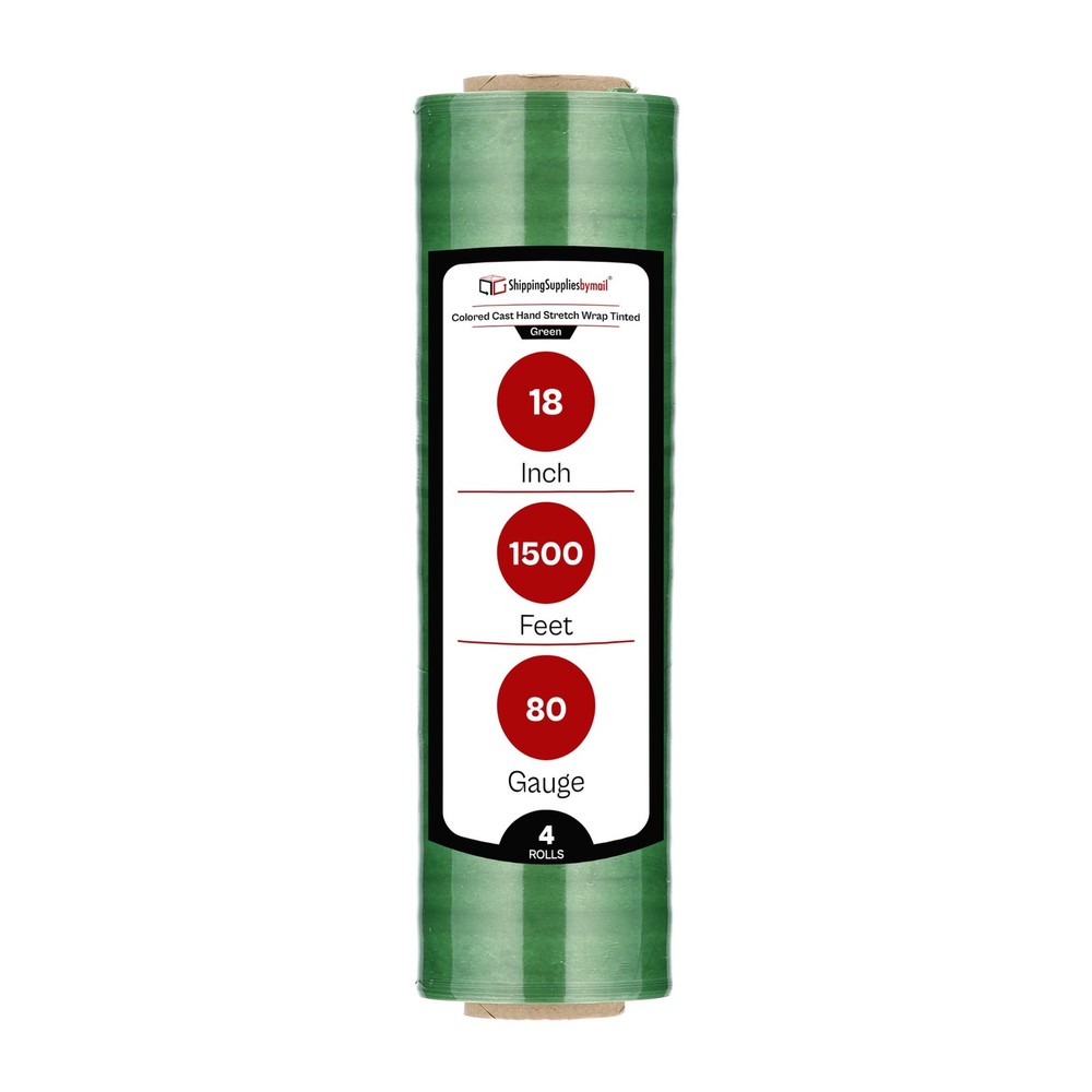 4 Rolls 18″ x 1500′ 80 Gauge Cast Bundling Hand Stretch Wrap Film Tint Green