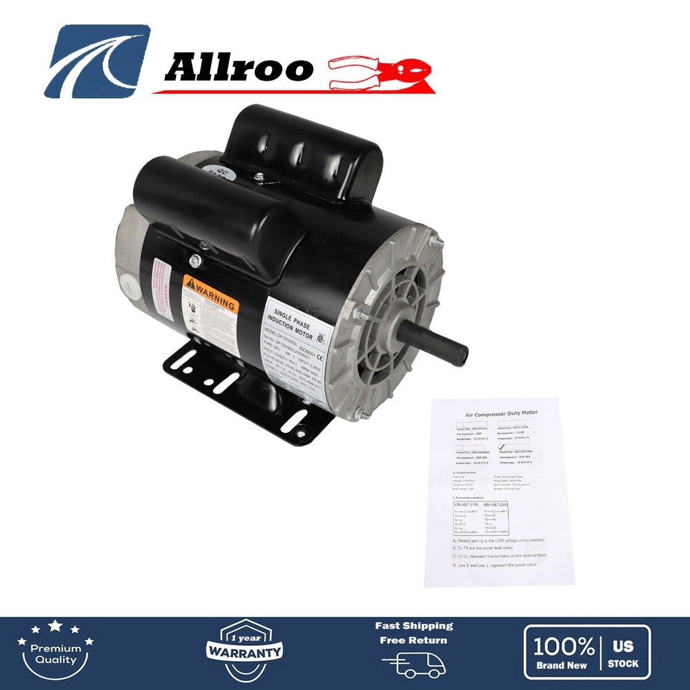Electric Motor 3 HP 3450 RPM SPL Compressor Duty 56HZ Frame 1 Phase 115/230V New