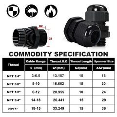 24 PCS 1/2 Inch NPT Black Adjustable Cable Glands IP68 Waterproof