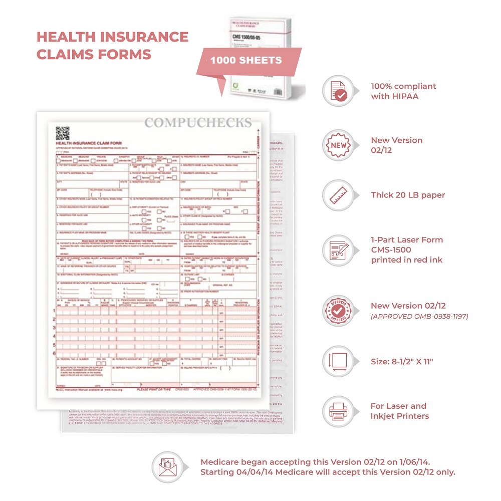 NEW CMS 1500 Claim Forms – HCFA (Version 02/12) (1000 Sheets)