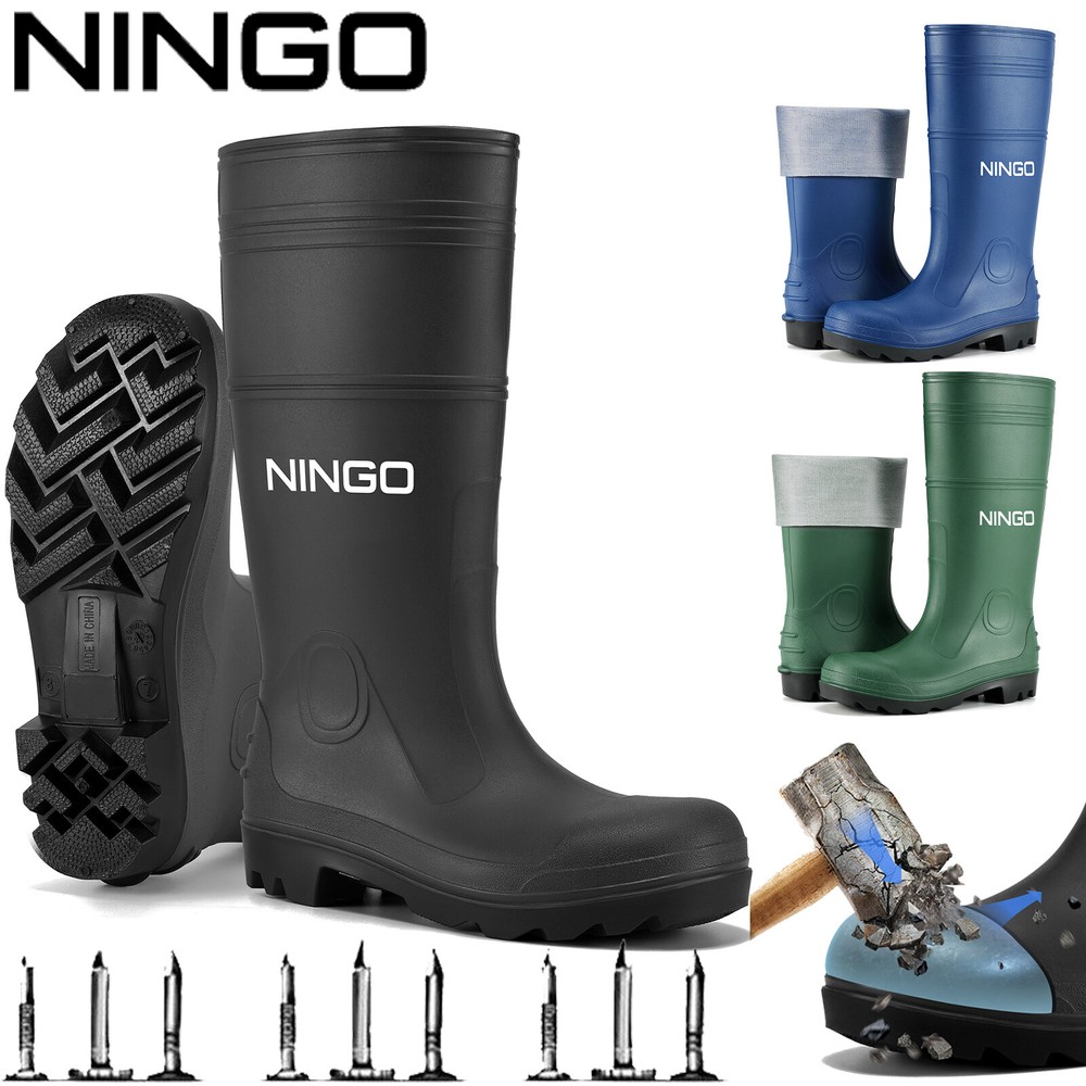 NINGO Men Steel Toe PVC Rain Boots Waterproof Cushioning Safety Work Boots Farm