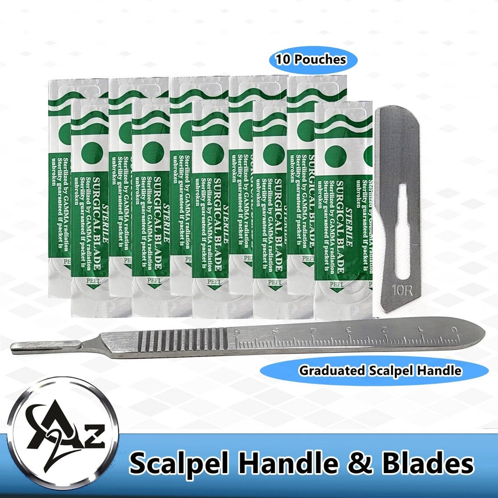 10Pcs Dermaplane Carbon Steel Blade #10R with Stainless Steel Saclpel Handle #3