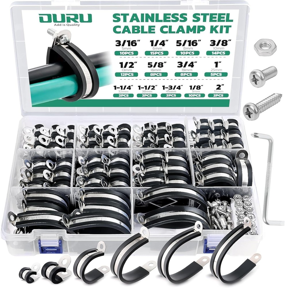 280PCS Cable Clamps with Screws Assortment Kit 304 Stainless Steel Insulated