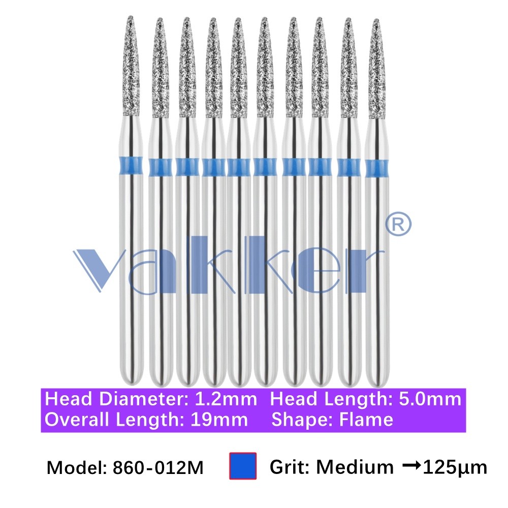 10/pk Dental Flame Diamond Burs 860-012M Medium Grit Friction Grip High Speed