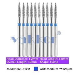 10/pk Dental Flame Diamond Burs 860-012M Medium Grit Friction Grip High Speed