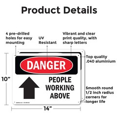 (2 Pack) People Working Above OSHA Danger Sign Decal Metal Plastic