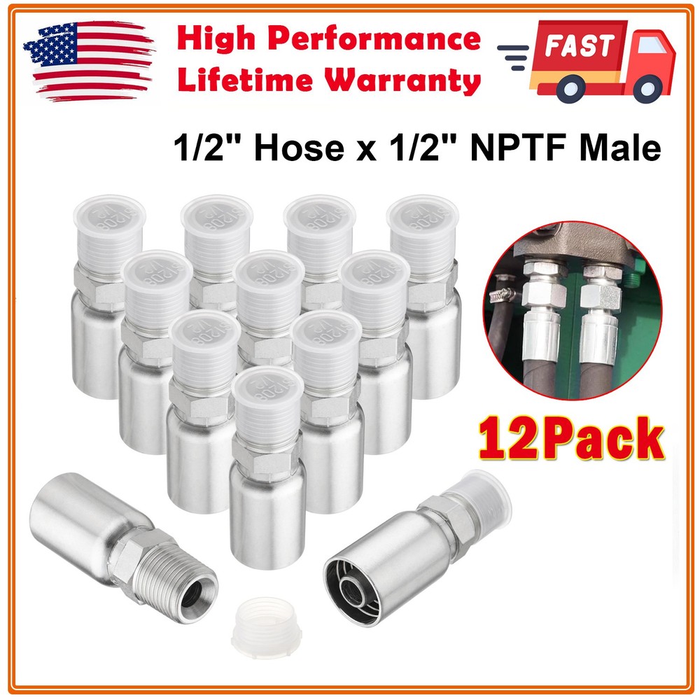 12-Pack 1/2″ Hose x 1/2″ NPTF Male Pipe Thread Hydraulic Hose End Crimp Fittings