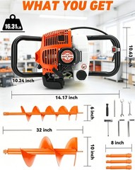 63CC Gas Powered Post Hole Digger Earth Auger Borer 6″ 10″ Bit & 3PCS Extension