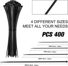 400 Pack Black Zip Ties – Assorted Sizes (4-12 Inch) for Secure Cord Management