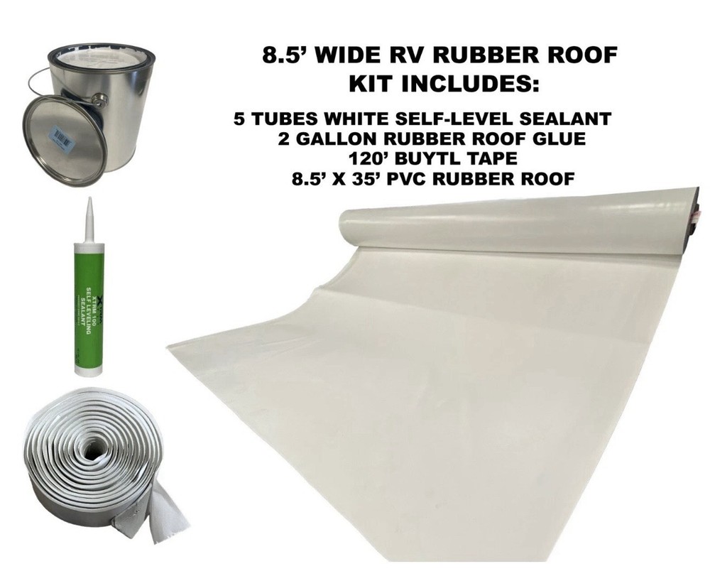 8.5′ Width x 35′ Length PVC RV Rubber Roof Installation Kit Bright White