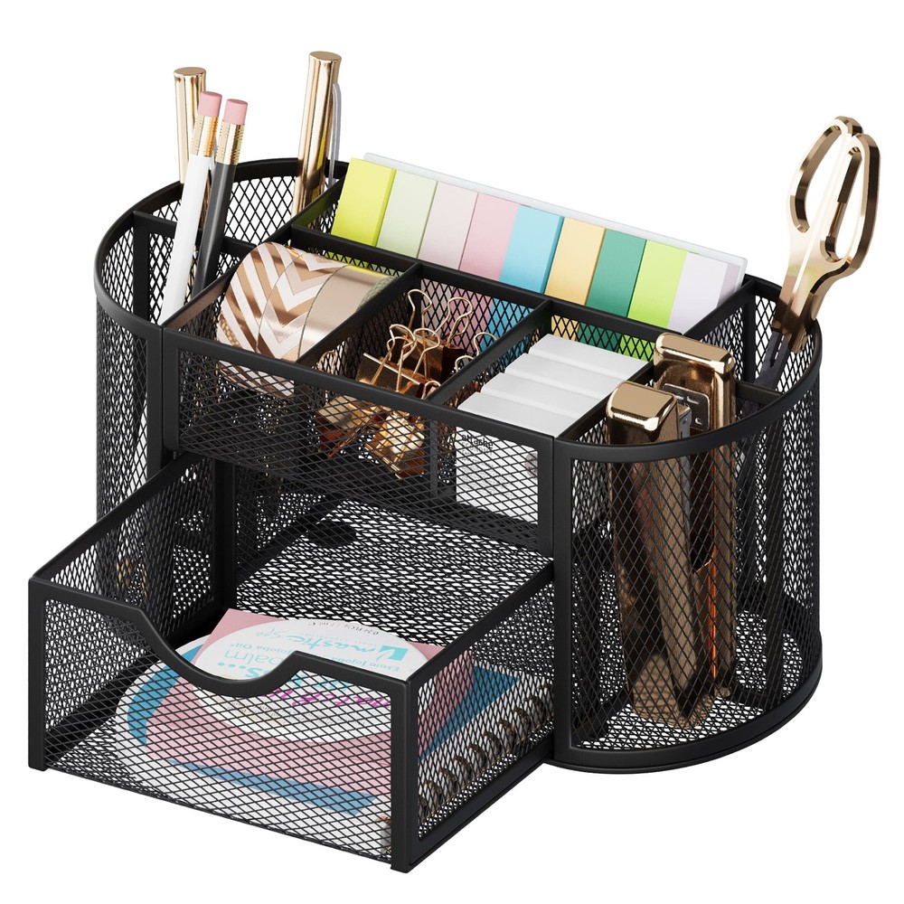 Desk Organizer Pen Holder W/ Drawers Pencil Holder Desk Mesh Office Supply
