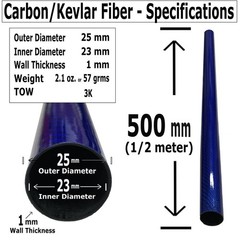 Blue – Carbon Fiber Tube – 25mm x 23mm x 500mm – 3K Roll Wrapped