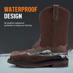 NINGO Men Steel Toe Work Boots Waterproof Cowboy Boots Leather Wellington Boots