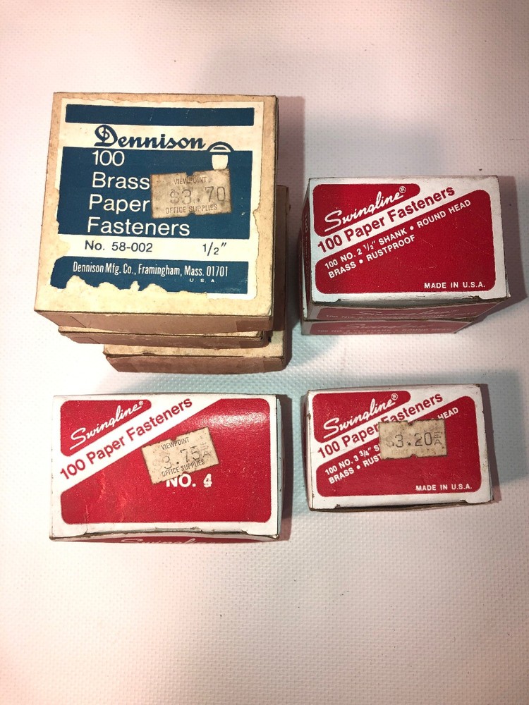 7 Boxes Of 100 Brass Paper Fateners Dennison Swingline 1/2” 1” 2 1/2” 3 3/4”