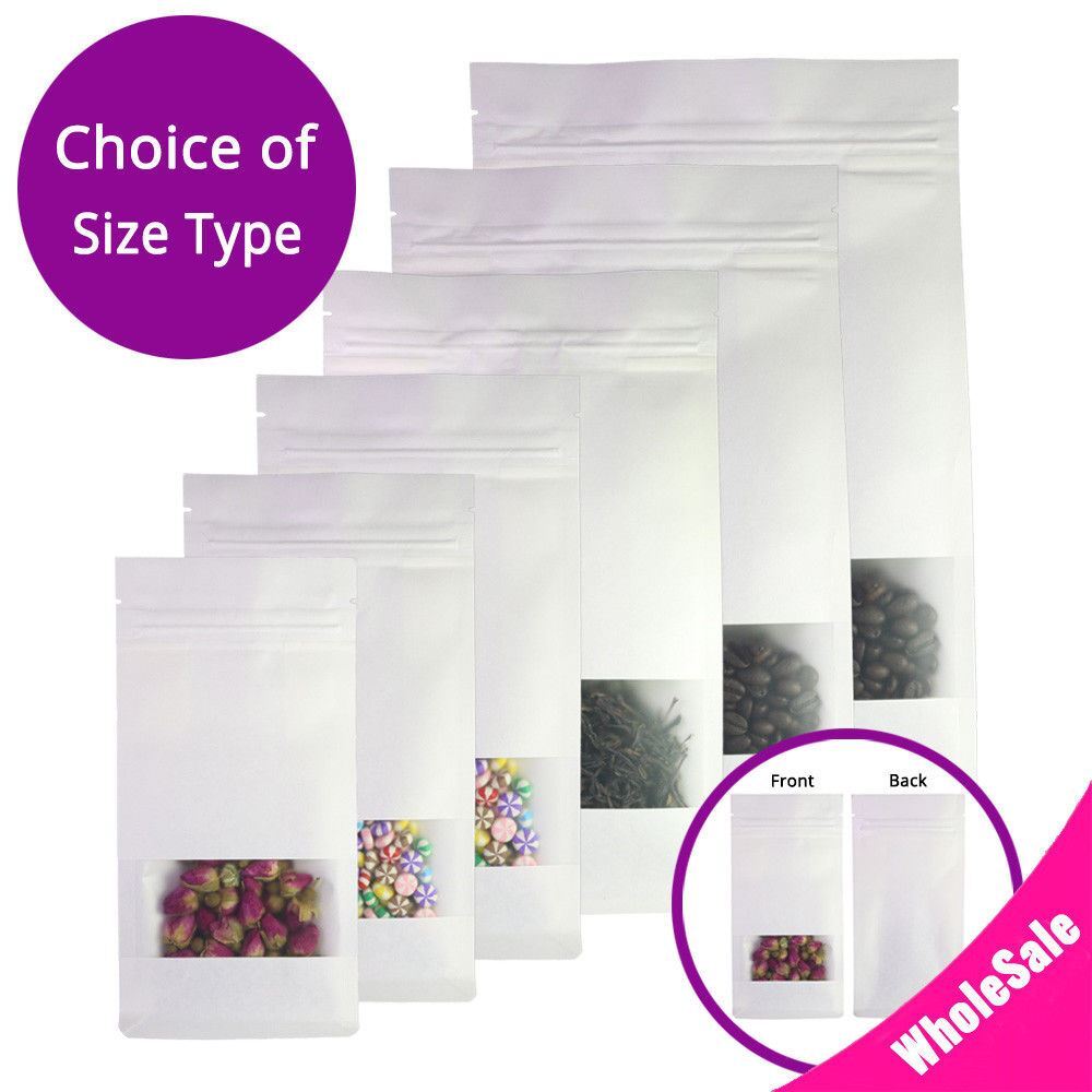 White Kraft Paper & Kraft Paper Stand Up Zip Seal Gusset Side Bag w/ Window SM07