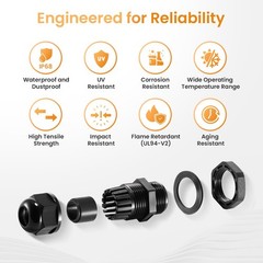 Cable Gland Waterproof IP68 Nylon Cord Grip 1/2 NPT Connector Black 12 Pk