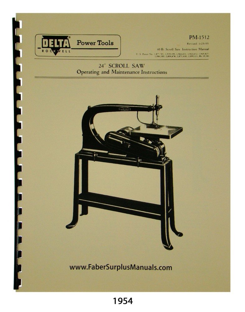 Delta 24″ Scroll Saw Older Style Operating, Maintenance & Parts Manual #1954
