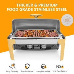 Elegant Gold Stainless Steel Roll Top Chafing Dish Set, 9 QT Buffet Server New