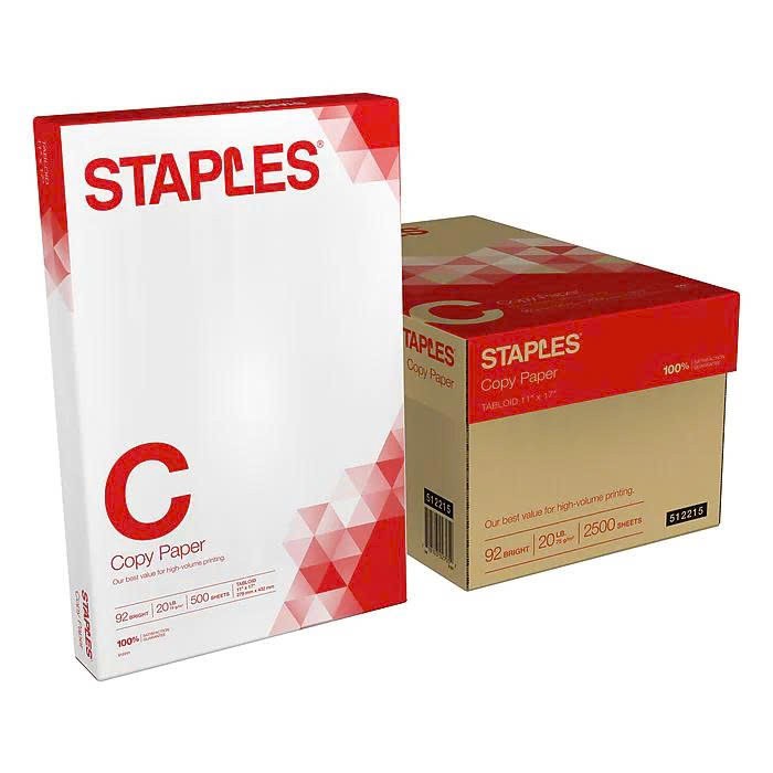 Staples Copy Paper 11×17 Tabloid, White, 20 lb, 2500 Sheets/Ream,5 Reams