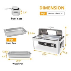 9 Quart Roll Top Chafing Dish Buffet Set with Glass Window for Banquet, Events