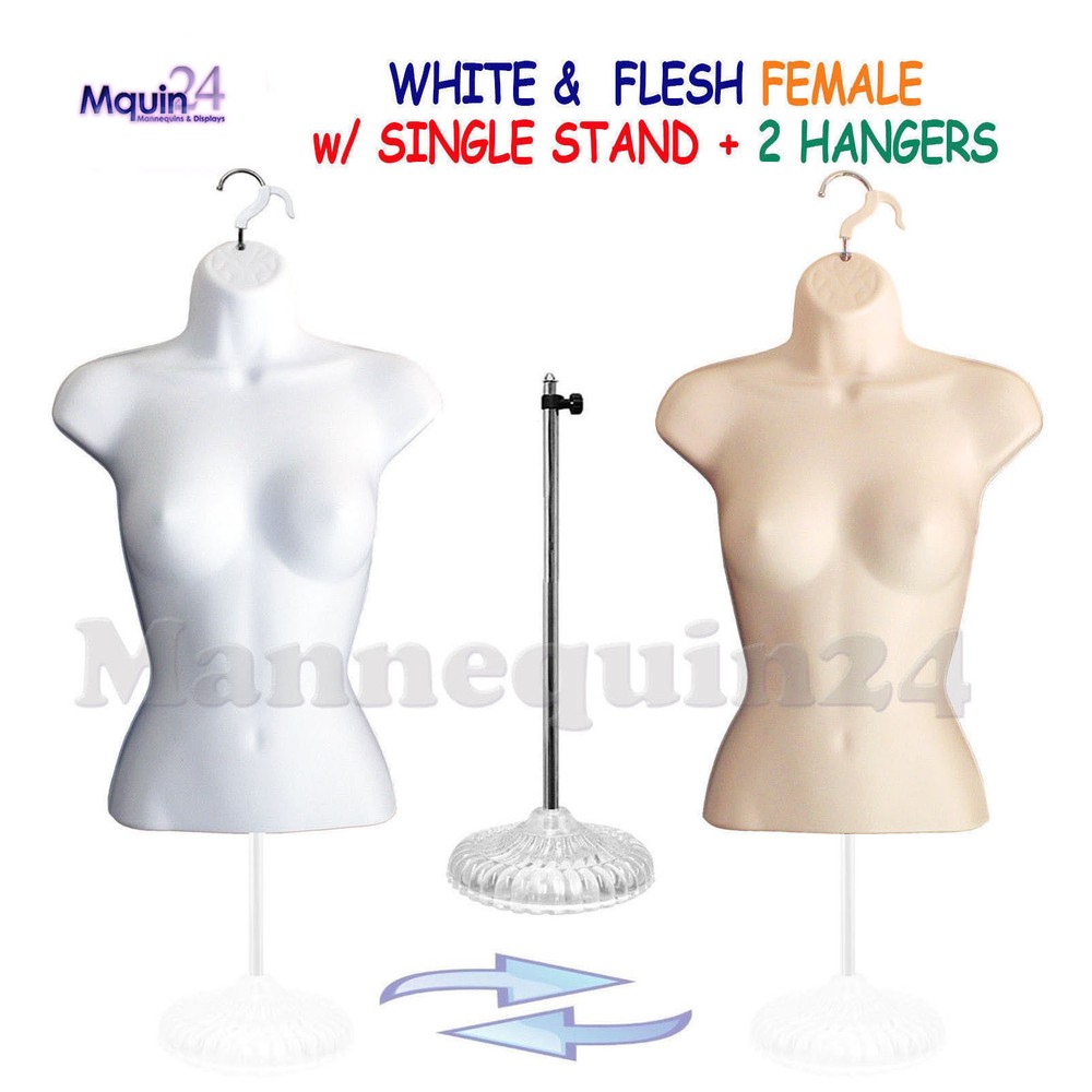 WHITE & FLESH MANNEQUIN FEMALE TORSO SET + 1 STAND + 2 HANGERS WOMEN DRESS FORMS