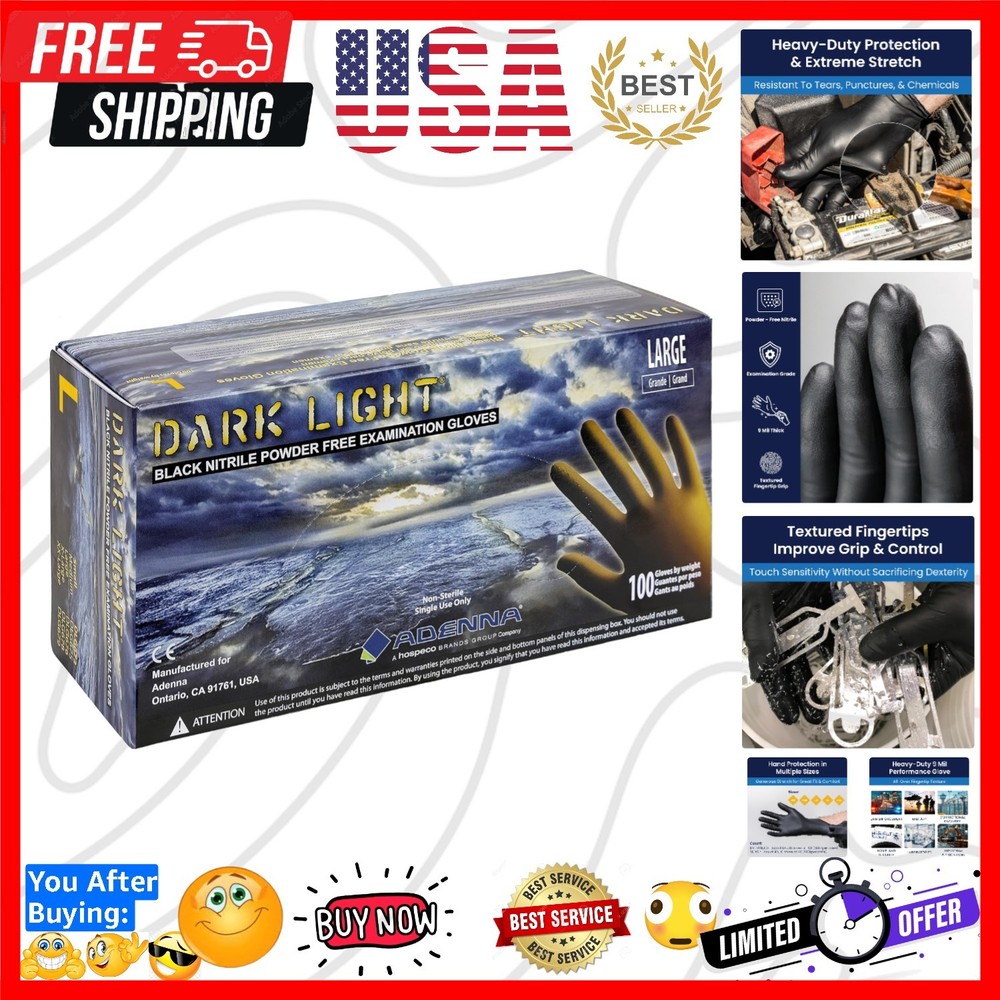 Dark Light 9 mil Nitrile Powder Free Exam Gloves Black, Large – Box of 100