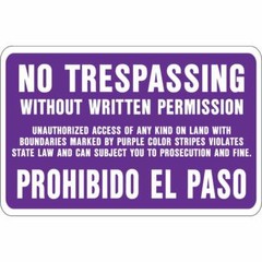 (12)-Purple Spanish Aluminum No Trespassing W/out Permission Sign Model SS-50