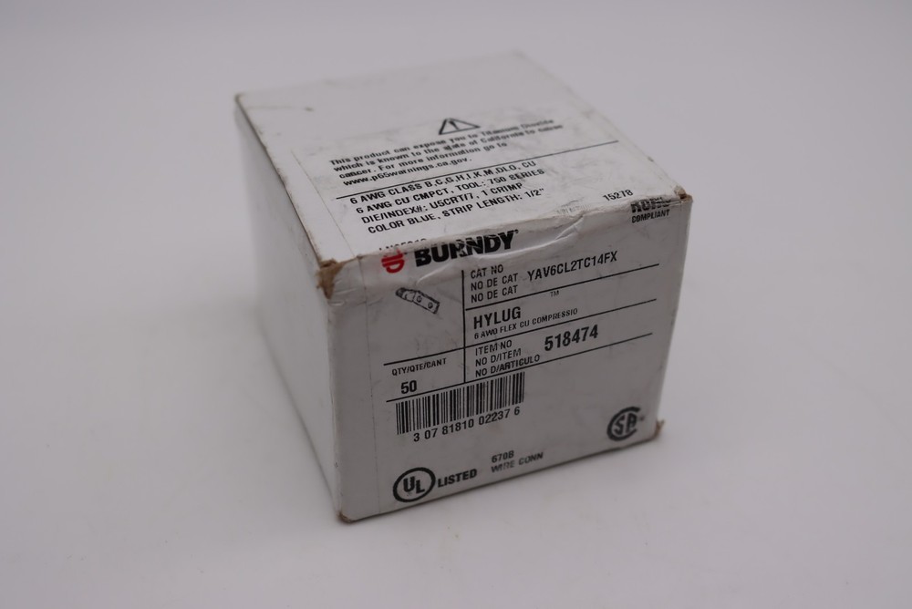Box of 50 Burndy 518474 Copper Compression Lugs 6AWG