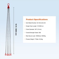 VEVOR 3/8″ x 10′ Chain Sling 4 Legs G80 Lifting Chain with Grab Hooks 18400 lbs