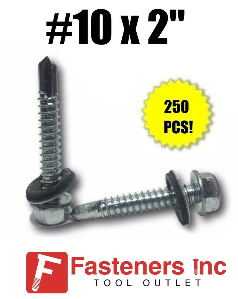 (250) Hex Rubber Washer Head #10 x 2″ Self-Drilling Roofing Siding Screw ZINC