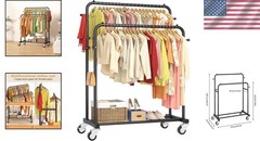 Black Double Rods Garment Rack with Wheels – 150lbs Capacity