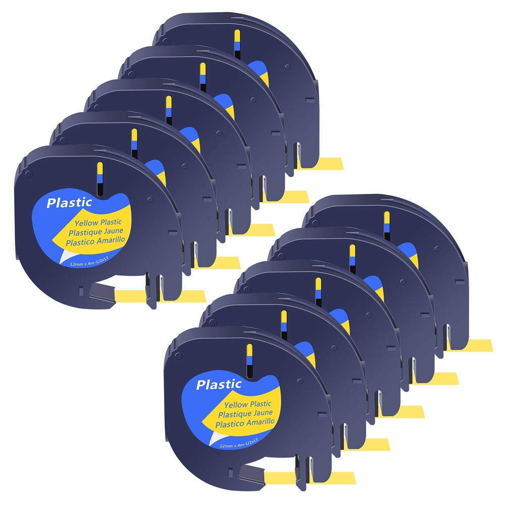 10 PK Black on Yellow Plastic Label Tape for Dymo Letra Tag 91332 LT100T LT100H