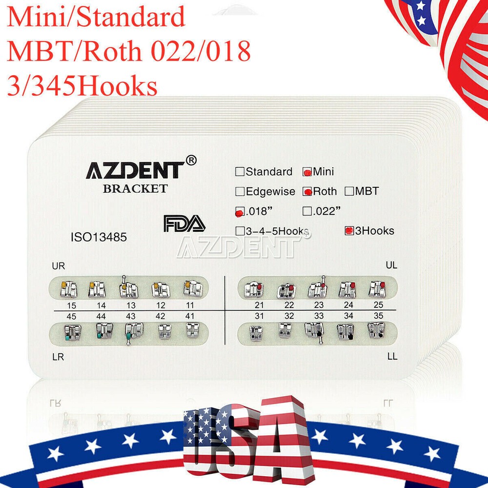 20 X AZDENT Dental Ortho Brackets Brace Mini/Standard MBT/Roth 022/018 Hooks 345