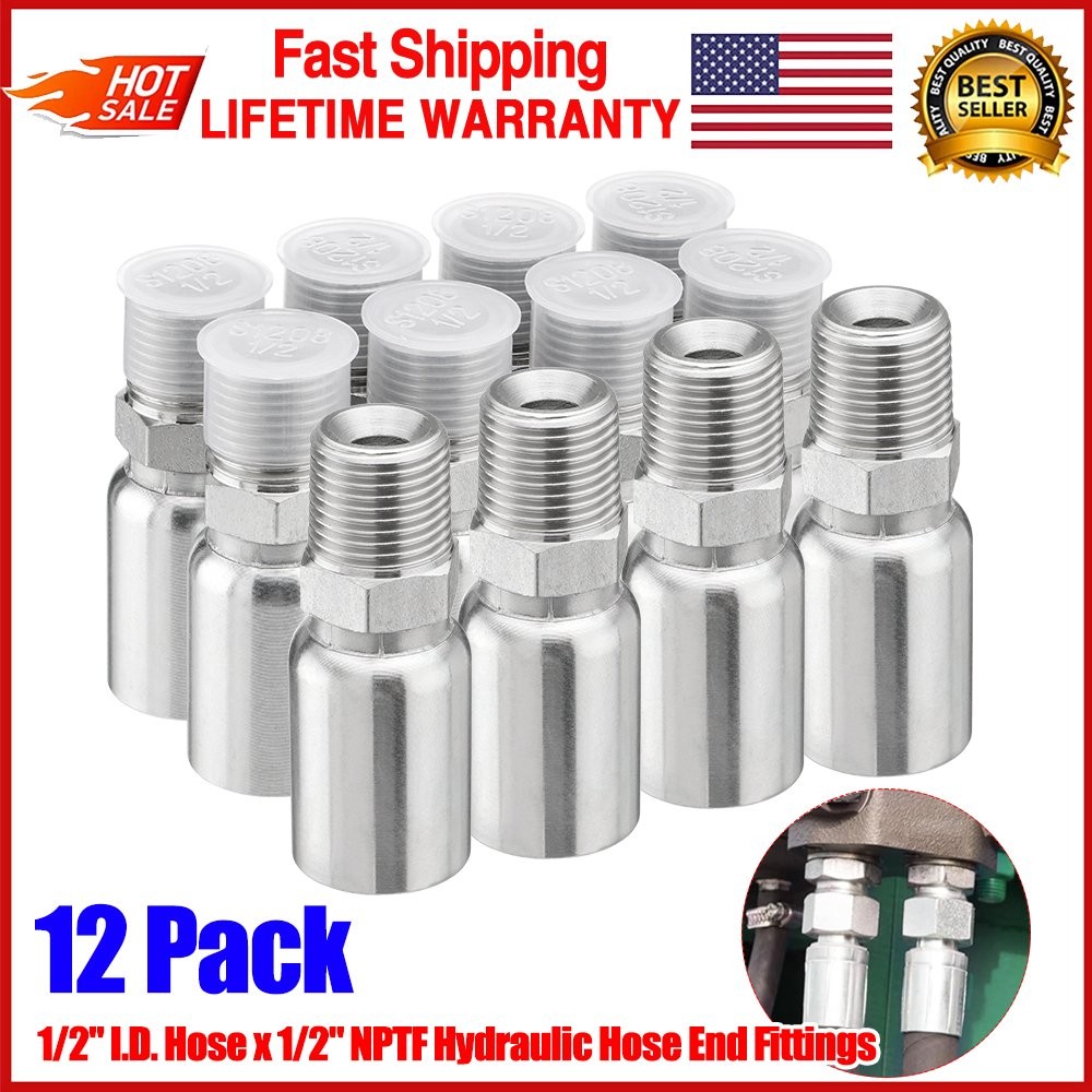 12PCS 1/2″ NPTF Hydraulic Hose End Fittings, 1/2″ I.D. Hose x 1/2″ NPTF Male NEW