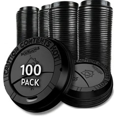Pack Of 100, Black Disposable Coffee Cup Lids, Lids 10 oz Large,