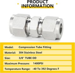 304 Stainless Steel Compression Tube Fitting, Union, 3/8″ OD X 3/8″ OD (2 Pcs)