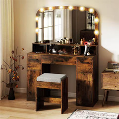2-Piece Rustic Brown Makeup Vanity Set with Large Mirror 3-Color Lights for Bedr