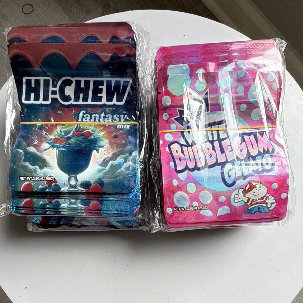 200 Pcs – 3.5g Hi-Chew White Bubblegum Gelato Holographic Mylar Bags Sealable