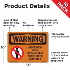 Renovation Work Contains Lead Do Not Enter OSHA WARNING Sign, Decal 5 or 10 Pack