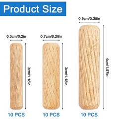 30Pcs Fluted Wood Dowel Pins Assorted M6 M8 M10 Grooved Plug for Furniture