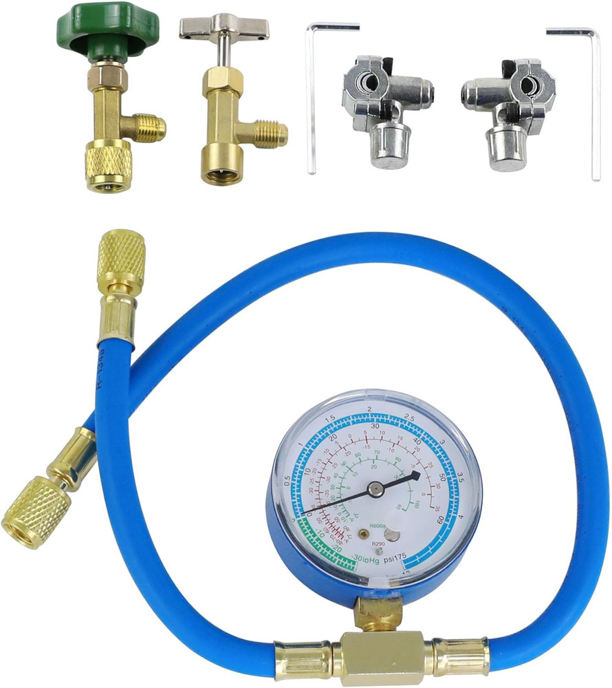 R290 and R600A Charging Hose and Gauge Set with Can Tap and BPV31 Bullet Piercin