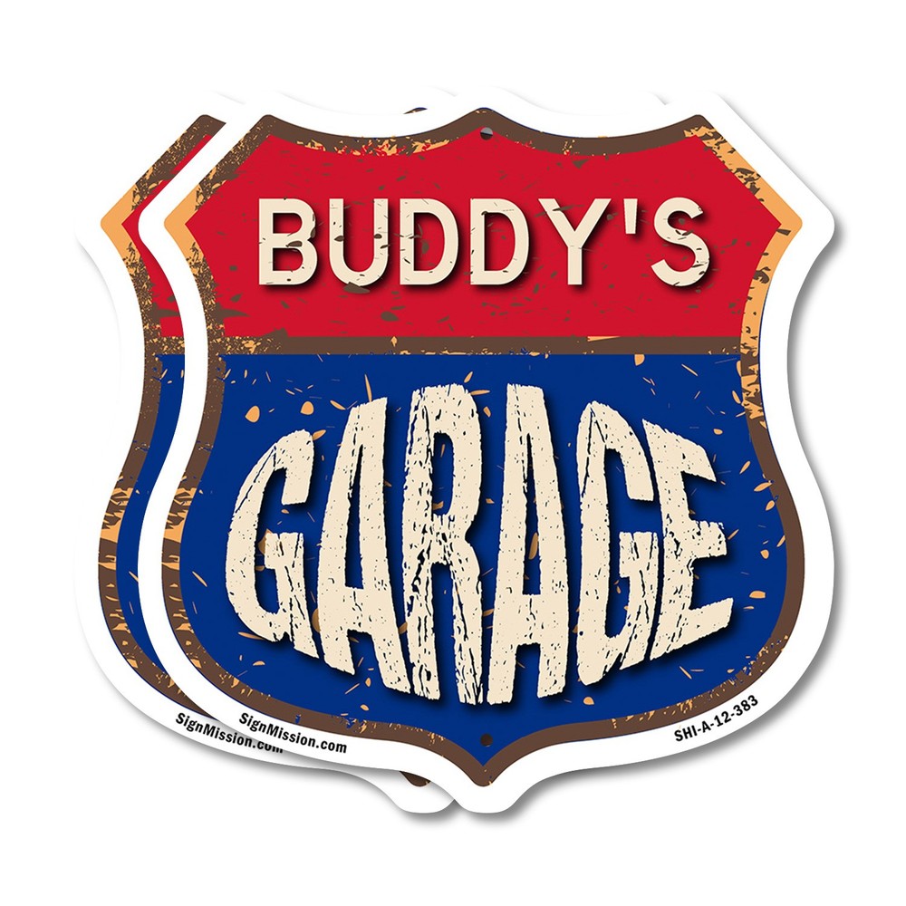 Buddy’s Garage Shield Shaped Sign Weather Resistant Crafted in the USA