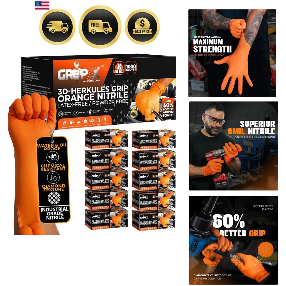 Herkules Grip Heavy Duty 8Mil Orange Nitrile Gloves,3D Raised Diamond Texture…