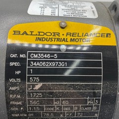 Baldor Reliance CM3546-5 Industrial Electric Motor 1-HP 1725 RPM 575 Volts ✅