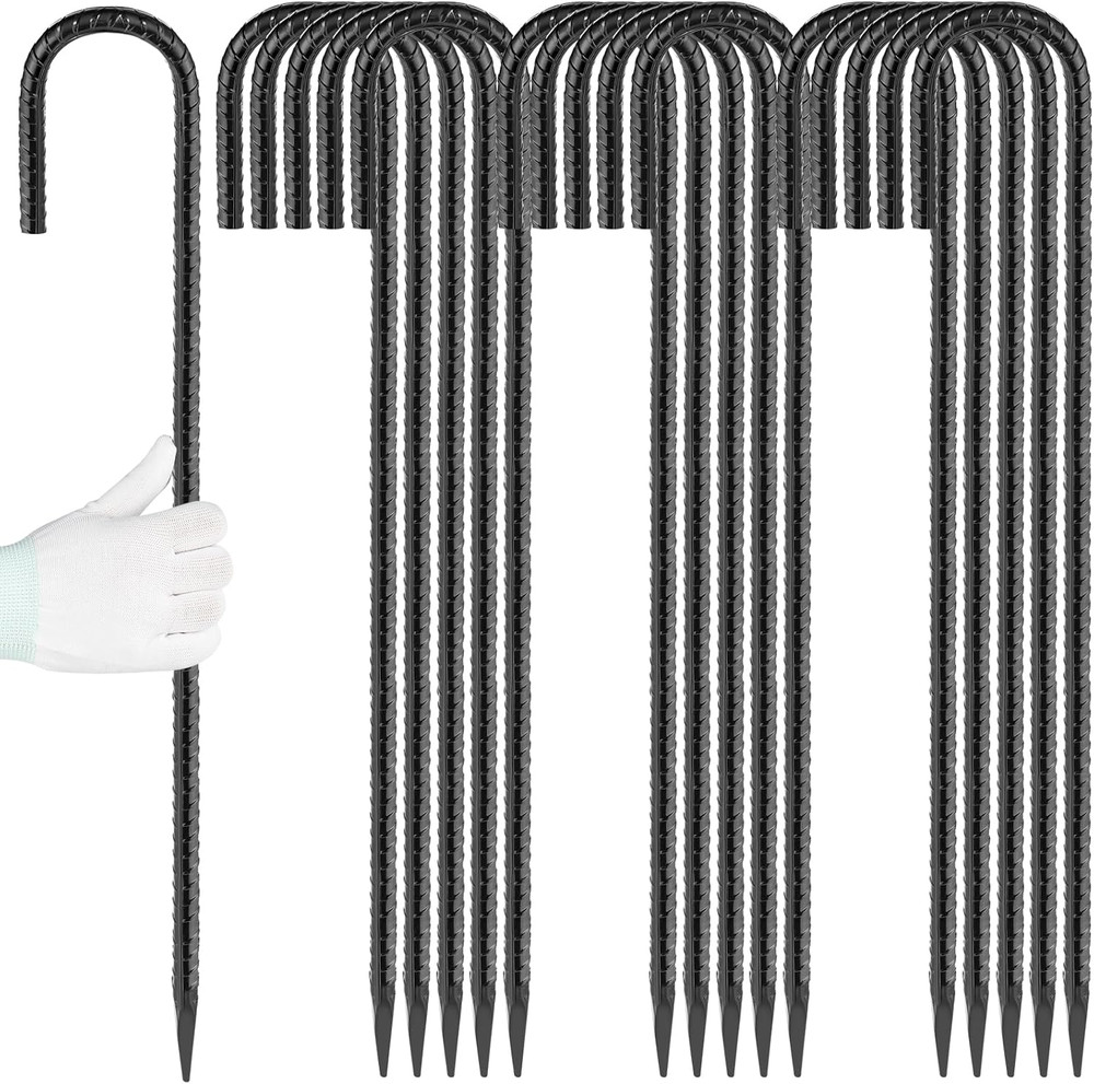 24 Inches J Hook Rebar Stakes (16-Pack), Extra Long Garden Stakes with Chisel Po