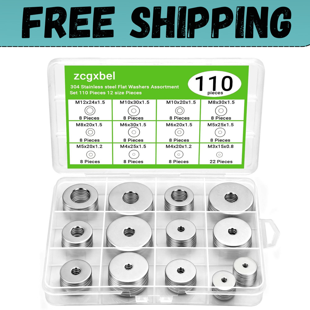 108Pcs 304 Stainless Steel Flat Washers, Fender Washers Assortment Kit 12 Sizes