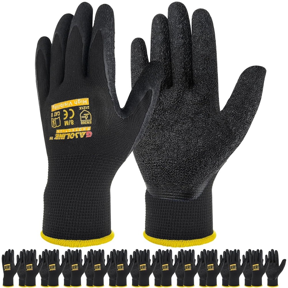 Gasoline 13Gauge Polyester Latex Crinkle Palm Dipped Black Gloves / 12Pairs