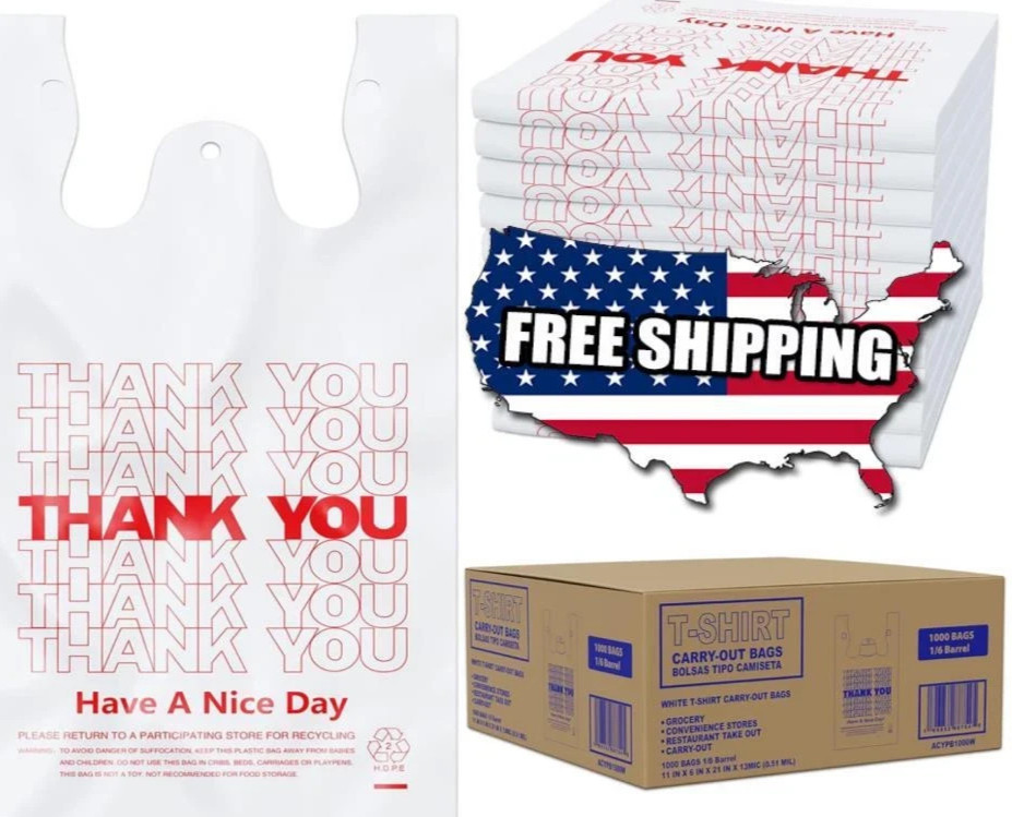 1000 Thank You T-Shirt Bags 12″ x 6.5″ x 21″, Plastic Grocery Shopping Bags