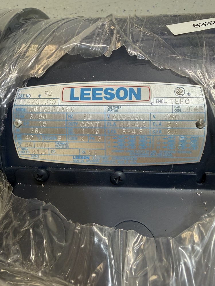 leeson 1.5 hp motor, Model C6T34FC39C, RPM 3450, 208-230/460V3 PH, CAT NO.114206